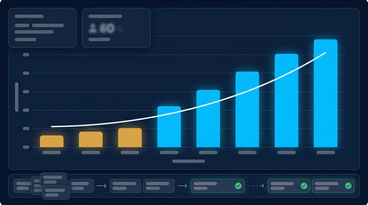 Duplicate record cards collapsing into single clean records with a rising trend line
